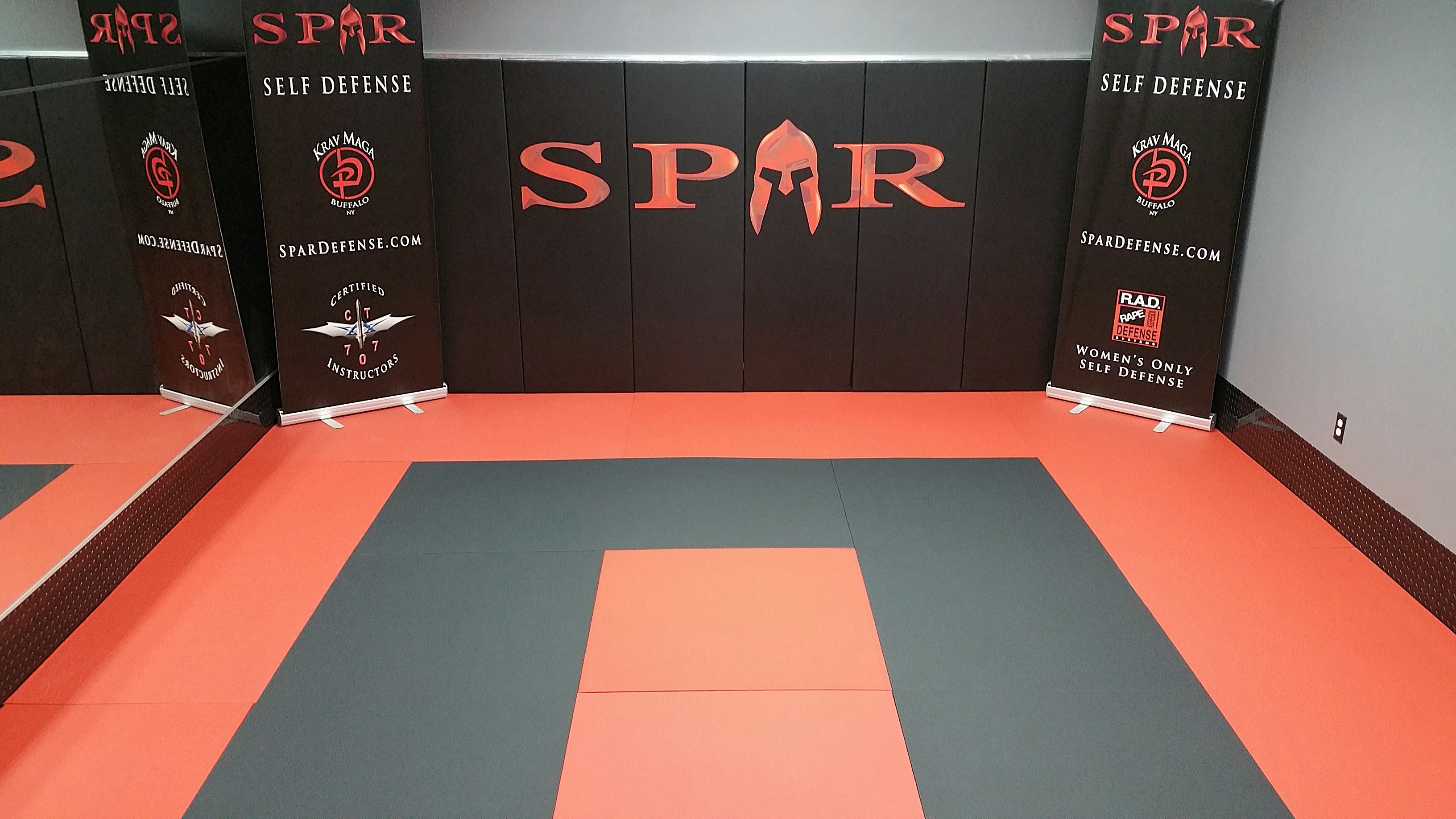 zebra wall pads in gym and single ring layout of Zebra martial arts mats